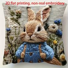 1pc Rabbit Decorative Pillow Cover, 2D Printed Not Embroidered, Vintage Rabbit & Floral Pattern, Zipper Closure Plush-Like Cushion Cover, Suitable For Bedroom Decor | Vintage Style | Easter Decor, Machine Washable For All Seasons, Fits Sofa, Bed, Car Seat - Multicolor - View 3