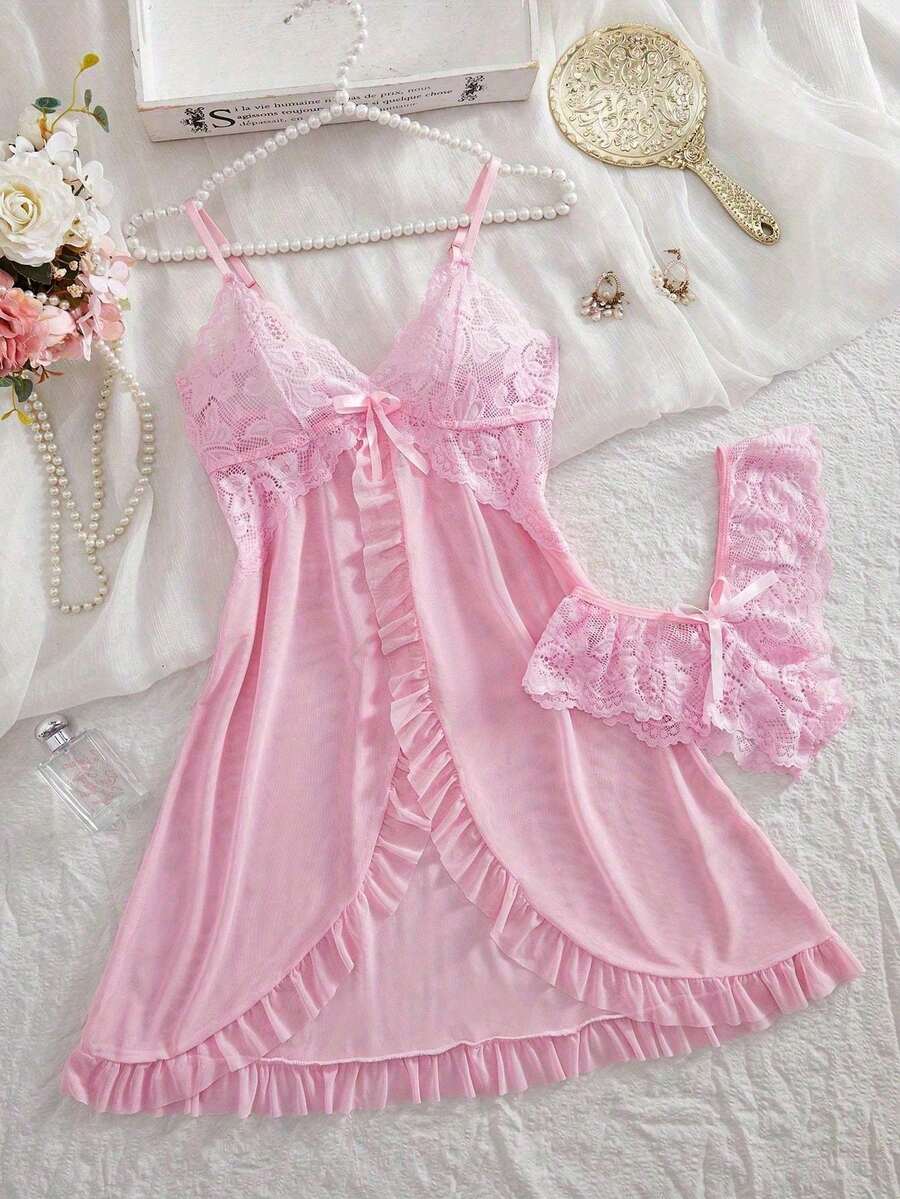 2-Piece Women's Sexy Sheer Lace Lingerie Set - Soft Sleepwear Featuring A Ruffled Tank Top And Shorts | Hand Wash, With Sheer And Opaque Layers, Suitable For Home And Outings | Perfect For Valentine's Day, Anniversaries, And Birthdays. - 粉色 - 查看 1