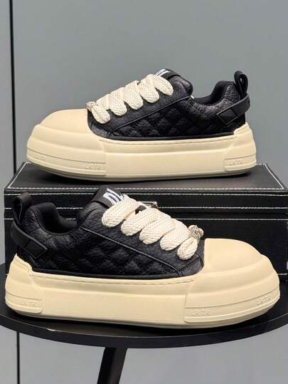Men's Thick Sole Lace-Up Round Toe Casual Sneakers, PU Leather, Comfortable, Versatile, Suitable For Daily Commute, Campus Style