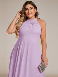 Elegant Chiffon Sleeveless Halter Asymmetric Hem Evening Dress, Lavender Bridesmaid Dress For Wedding Guest - Mauve Purple - View 5