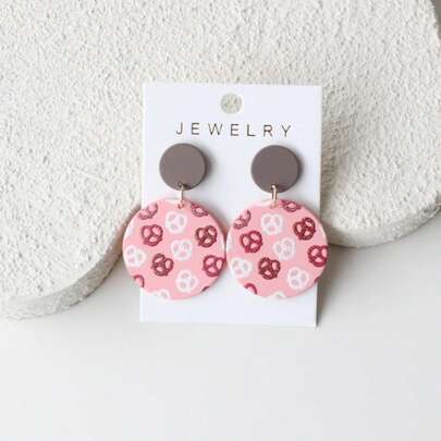 1 Pair Classic Pink Bread Floral Print Acrylic Dangle Earrings For Women, Cute & Elegant Polymer Clay Texture, Suitable For Daily, Party, Holiday, Valentine's Day Gift