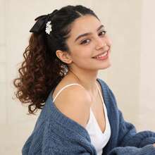 黑色蝴蝶结发饰假发，波浪形合成假发，复古发型 - 彩色 - 查看 9