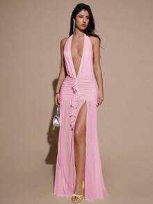 2026BAE Sexy Minimalist Solid Yellow Cream Deep V-Neck Halter Bodycon Ruched Fitted Women's Maxi Mesh Dress, Suitable For Party, Cocktail, Formal Occasions, Bridesmaid, Birthday, Business Casual, Elegant Women Maxi Dress,Valentine's Day,Valentine Fits For WomenLoose And Comfortable,Casual And Easy-Goin - 珊瑚粉 - 查看 4