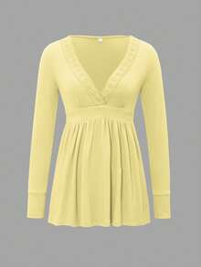 Y2K休闲性感V领修身针织长袖上衣，阳光女孩夏季街头服饰及休闲服春季款 - 黃色 - 查看 4