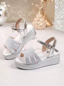 1 Pair Summer High Heel Sandals, Fashionable Soft Bottom Outdoor Peep Toe Non-Slip Strap Thick Bottom Sandals, Suitable For Parties And Outdoor Wear - Silver - View 3