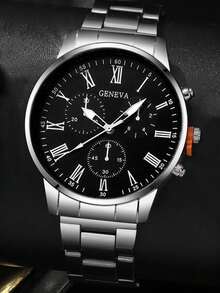 Set de 2 relojes de cuarzo minimalistas y casuales para hombres, accesorio de estilo rústico (incluye reloj de cuarzo con esfera negra y números romanos con correa de metal plateado, y pulsera cubana de eslabones plateados) - Plateado - Ver 5
