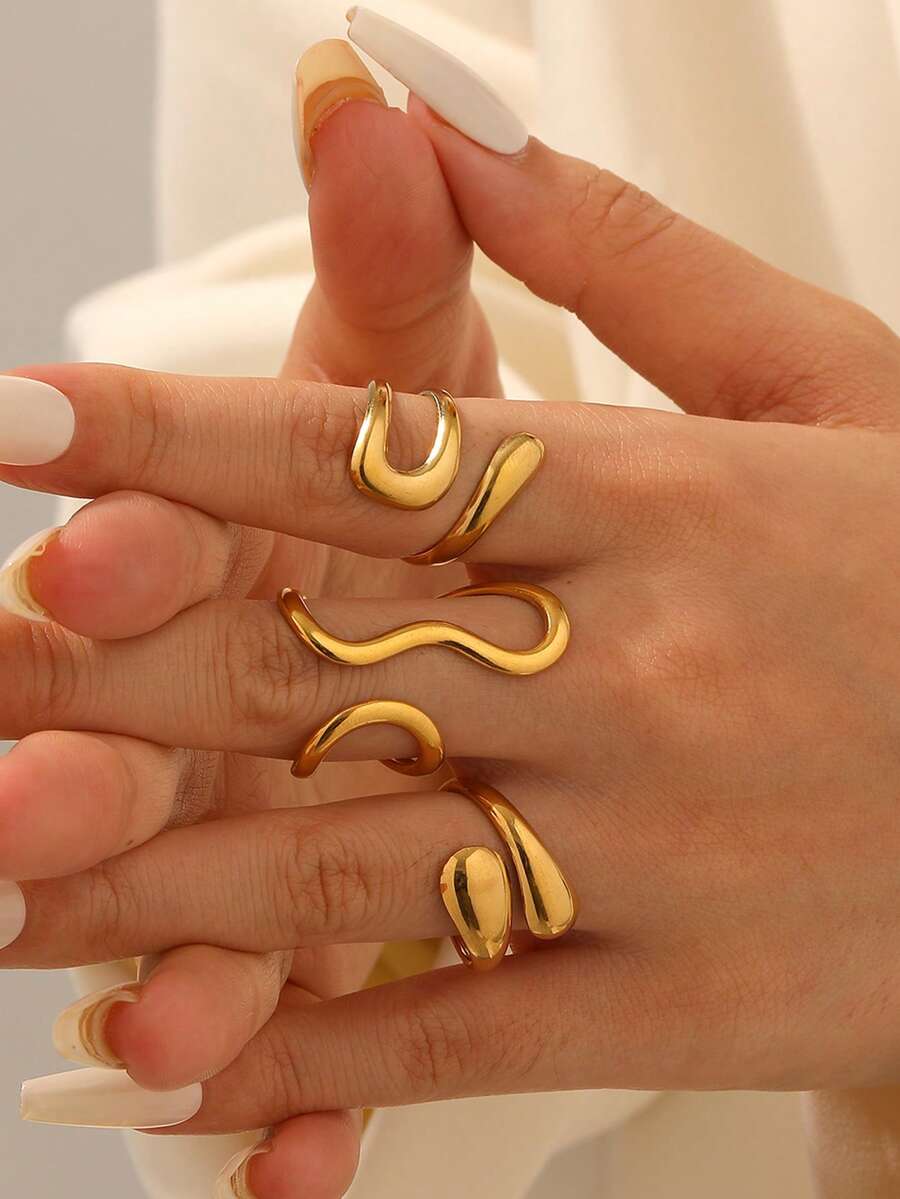 COINBUFF 3pcs Fashionable Luxury Teardrop Line Stainless Steel Gold Plated Adjustable Non-Fading Rings Set, Suitable For Daily Wear And Holiday Gifts - As Shown - View 1