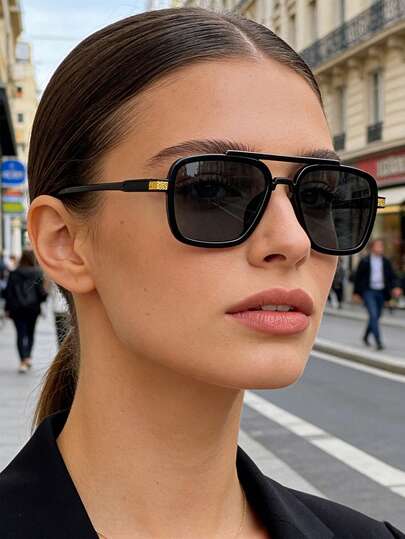 1 Pair Square Double-Bridge Personalized Fashion Glasses, Aviator Frame Retro Classic And Versatile Style, Suitable For Women, Beach Accessories, Women's Beach , Autumn/Winter Women's Clothing, Accessories, Business Casual Gifts