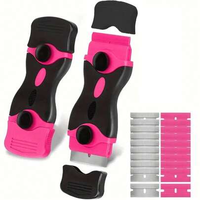 1 Set Multi-Functional Scraper Knife, Includes 1 Pink Dual-Head Scraper, 10 Metal Blades, 10 Plastic Blades. Suitable For Floor Cleaning, Glass Sticker Removal, Kitchen Decontamination, Beauty Crevice Construction, Home Decor, Outdoor Advertising, And More. An Essential Cleaning Tool For Households And Professionals.