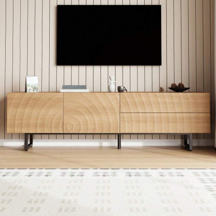 Modern TV Stand, TV Unit, TV Panel, Low TV Cabinet. Unique Design, 3D Texture. 180 X 38 X 51.5 Cm (L X W X H) - Natural Wood Color - View 1