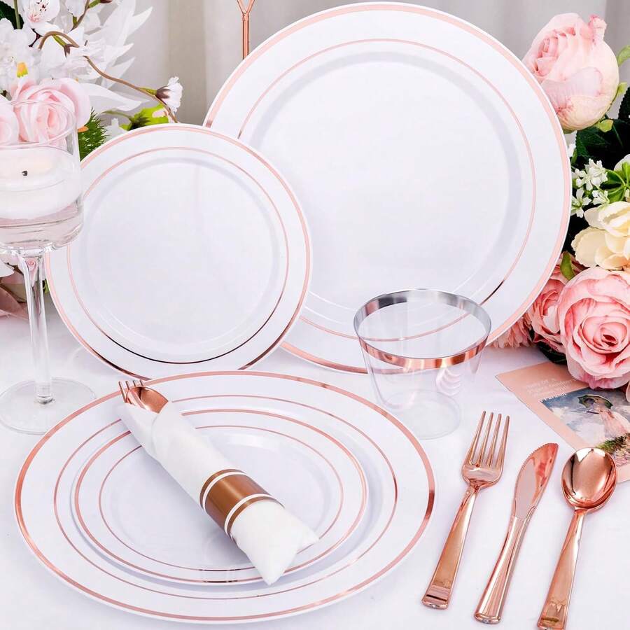 Bộ đĩa tráng miệng 7,5 inch / đĩa ăn chính 10,25 inch, đế trắng viền vàng hồng, phù hợp cho nhiều dịp từ những buổi họp mặt thân mật đến những bữa tiệc lớn. Cho dù bạn tổ chức bữa tối trang trọng hay bữa tiệc ngày lễ thân mật, bộ đĩa này đều có thể nâng tầm trải nghiệm ăn uống và tạo thêm không khí lễ hội cho bàn ăn của bạn.