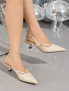 女士尖头高跟凉鞋，踝带设计，优雅简约露趾鞋，适合春夏通勤、派对、正式场合穿着，杏色PU皮革细跟鞋，包头系带派对礼服鞋，女士米色漆皮尖头细跟鞋，米色高跟鞋，时尚舒适的女士高跟鞋 - 米色 - 查看 4