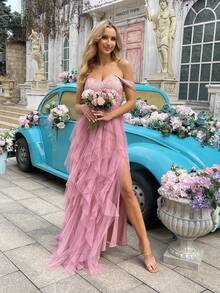 Fashionable Elegant Lace Splicing Mesh High Slit Bridesmaid Gown Dresses - Pink - View 1