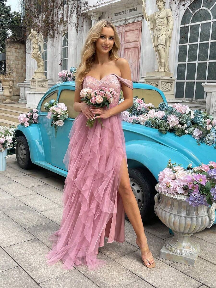 Fashionable Elegant Lace Splicing Mesh High Slit Bridesmaid Gown Dresses - Pink - View 1