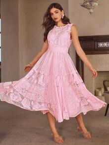 Simplee Women's Spring/Summer New Elegant Sleeveless Lace Maxi Dress, Floral Pattern A-Line Dress Party Gown, Random Butterfly Applique And Faux Pearl Decor, Suitable For Party And Wedding Pink - Pink - View 5