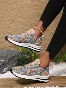 女士春季印花休闲运动鞋，厚底系带，防滑透气网面 - 彩色 - 查看 3