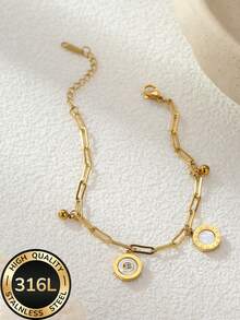 1pc Women's Stainless Steel Delicate Gold Disc Bracelet, 18K Plated, Minimalist Style, Suitable For Summer Vacation And Daily Wear - Gold - View 4