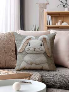2pcs Faux Embroidered Rabbit Style Animal Print Pillow Cover, Adorable Animal Pattern Design Cushion Cover, Zippered, Sofa Decor, Gaming Lumbar Pillow, Car Lumbar Pillow, Camping Cushion, Hidden Zipper, Machine Washable, Holiday Gift, No Pillow Insert - Grey - View 6