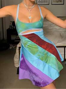 Womens Sexy Casual Suspender Short Dress Fashion Contrast Color U-Neck Stitching Hollow Backless A-Line Dress Chic / Comfortable - 彩色 - 查看 5