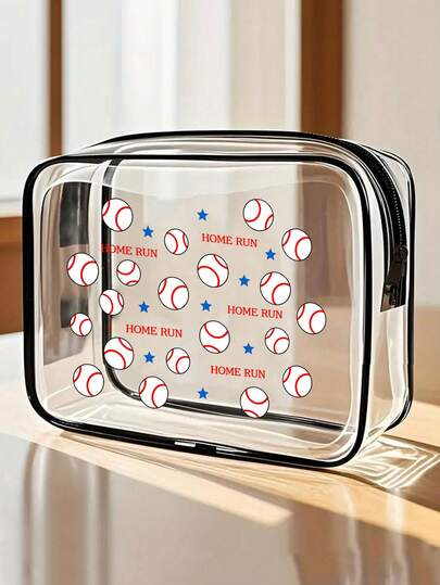 个性化透明化妆包 - “足球和棒球”主题设计 | 防水拉链旅行收纳包，可存放化妆品和洗漱用品 | 海滩度假必备，夏季假期女性及女孩必备