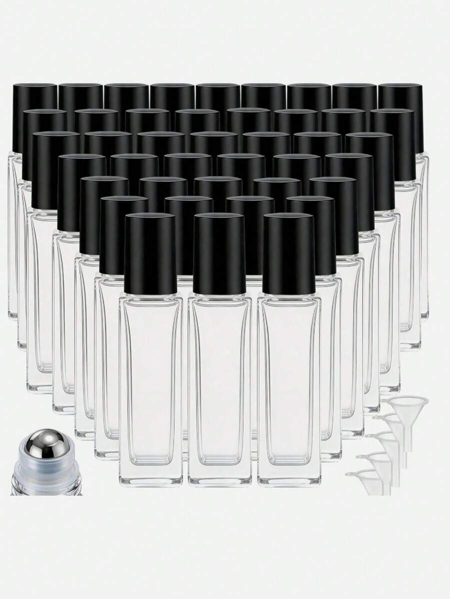1/4pcs 10ml Square Glass Roll-On Bottle, Transparent Glass Body With Black PP Cap, Minimalist & Elegant Design, Bottle Diameter 18mm, Height 66mm Without Cap, 77mm With Cap, Includes Steel Ball Roll-On Head - Black/Steel Ball - View 1