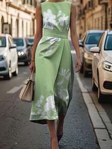Floral Print Sleeveless Dress For Women Midi Dress Casual Party Outfit Elegant Long Dress - 薄荷綠 - 查看 1