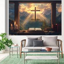 1 Piece Inspirational Christian Backdrop With, Mountains, Candles, Open Bible, Rays, Clouds And Forest Scenery  Durable Polyester Fabric Baptism, First, Tailgate Party, Photography  No Electricity Required - 彩色 - 查看 6