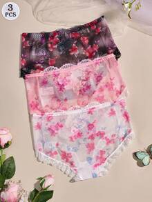 3pcs Lace Sexy Embroidered Retro Palace Style Mature Charm Comfortable Breathable Transparent Panties - Multicolor - View 2
