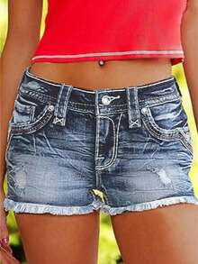Women's Retro Embroidered Hole Stretch Denim Shorts-Waist Tight Denim Shorts Frayed Hem Summer Comfortable And Fashionable Suitable For Casual Wear - 藍色 - 查看 7