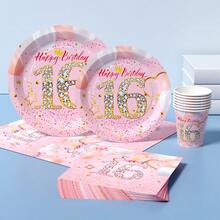 16th Birthday Rose Gold Rhinestone Disposable Plate, Napkin, Cup Set, Serves 8 Guests, Suitable For Birthday, Wedding, Party, Family Picnic - Multicolor - View 3