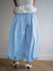 Yuyi Clothing Women Elastic Waist Lantern Leg Wide Leg Design Blue Pants, Elegant Casual Suitable For Spring And Summer - Blue - View 4