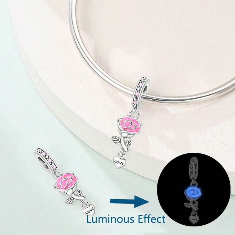 1 Piece Silver-Plated Little Happiness Flat Bead, Perfect Lovers Bead, Love Tango Bead, Happy Little Kangaroo Bead, Glow-In-The-Dark Rose Safety Clasp, Glow-In-The-Dark Rose Pendant, Moon Rose Glow Pendant, Hand-Holding Glow Beads, Sweet Bear Glow Beads, Love Cube Glow Beads. Ideal For Original Snake-Style Bracelets, Necklaces, Bead Strands, DIY Jewelry Making, And Luxurious Bestie Gifts. - Multicolor - View 6