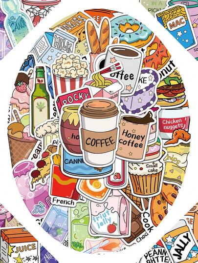 Set de 50 pegatinas de dibujos animados lindos de aperitivos, bebidas y alimentos, calcomanías decorativas para equipaje, portátil, guitarra, cuaderno, papelería, teléfono