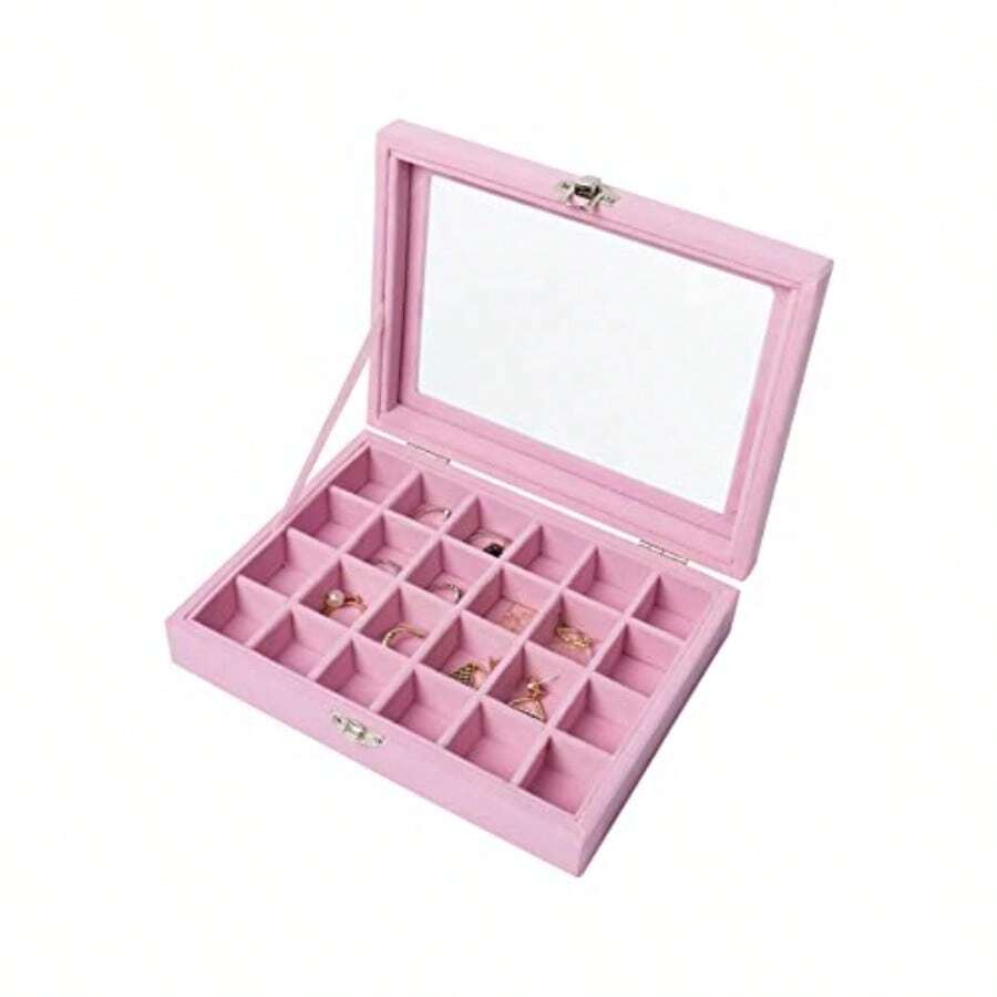 24 Grids Earring Storage Organiser Velvet Jewellery Box Earring Box Jewellery Storage Display Box For Rings Earrings Charms Pendants Pink - Pink - View 1