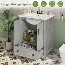 Mesa de baño moderna con fregadero de cerámica, mesa de baño con 2 puertas y 1 cajón de almacenamiento, armario de baño independiente con diseño moderno - Gris - Ver 6