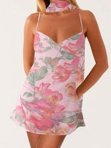 Vestido mini de mujer con estampado floral/unicolor, vestido de tirantes sin mangas, vestido de verano sin espalda con pañuelo tipo choker - Morado Violeta - Ver 1