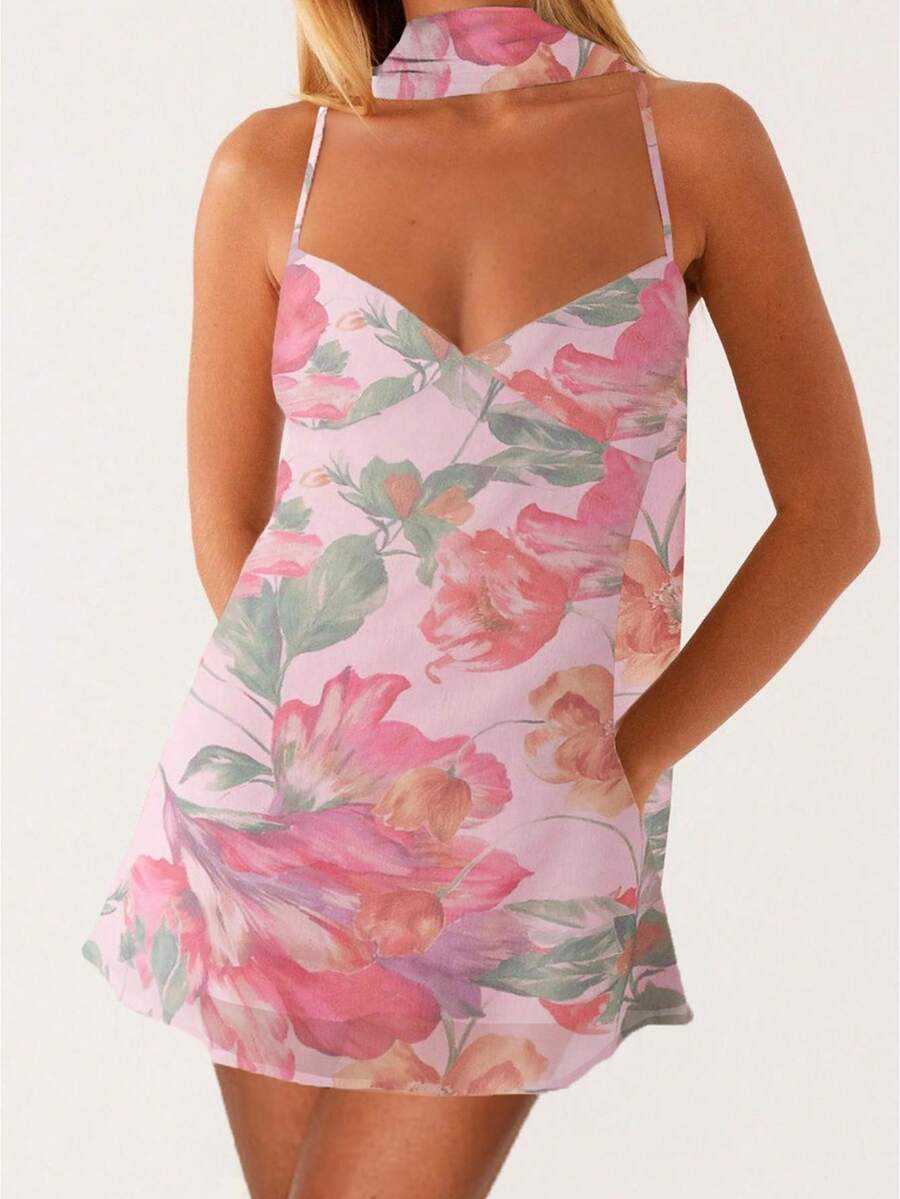 Vestido mini de mujer con estampado floral/unicolor, vestido de tirantes sin mangas, vestido de verano sin espalda con pañuelo tipo choker - Morado Violeta - Ver 1