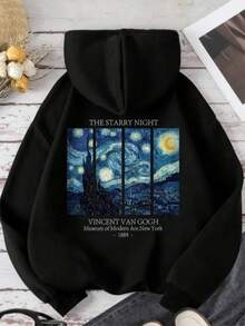 Blusa de Moletom Canguru Confortável Algodão para Frio Inverno Dia a Dia Modelo: The Starry Night Vincent Van Gogh - Novidade Promoção Especial - Preto - Visão 1