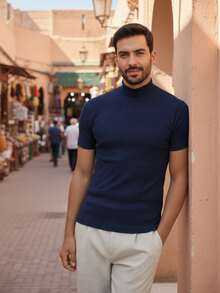 Men's Ribbed Turtleneck Shirt, Old Money Style, Fall/Winter - 藏蓝色 - 查看 7