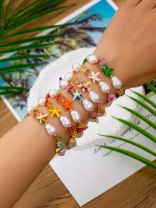 Bộ 1 vòng tay hình sao biển phong cách biển mùa hè, vòng tay đính hạt ngọc trai giả thủ công dành cho nữ, trang sức vòng tay phong cách Bohemia Boho phù hợp cho bãi biển, du lịch, lướt sóng, kỳ nghỉ, quà tặng. - Nhiều màu - Xem 12