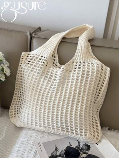 New Women's Bag Crochet Handbag Retro Knitted Solid Color Hollow Top-Handle Tote Bag Travel Shopper Shoulder Bag Solid Color Knitting Shoulder Bag Hollow Out Versatile Bohemian Crochet Tote Bag Large Capacity Casual Woven Handbag Women