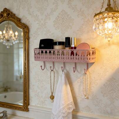 1pc White/Black/Pink/Gold Wall Mounted Organizer Rack With Hooks, Vintage Palace Style, European Arched Hollow Carved Iron Design - Sturdy , Hooks Meet Hanging Needs, Space Saving | Suitable For Entryway/Kitchen/Bathroom/Office Wall Mounted Rack