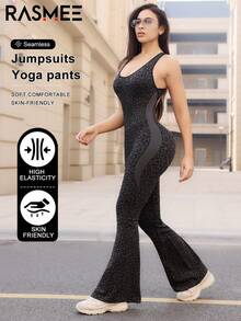 1 pieza Mono de yoga sin costuras para mujer, diseño de estampado de leopardo en todo el Body, tirantes cruzados en la espalda, pierna acampanada, adecuado para entrenamiento, yoga, correr, senderismo, fitness y uso casual en casa, color negro - Negro - Ver 3