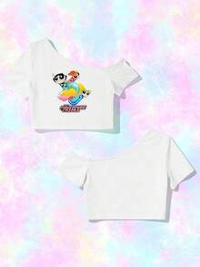 Whysmera SHEIN X Powerpuff Girls 女士不对称领口印花衬衫——打破常规的时尚单品，展现无拘无束的态度 - 白色 - 查看 3