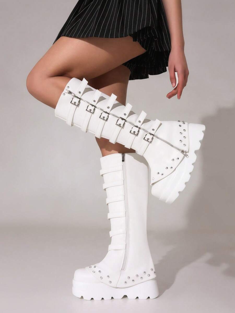 Goth Knee High Boots For Women Y2K Round Toe Wedge Heel Boot Platform Booties Punk Buckle With Side Zipper Dress Party Fashion Halloween Combat Boots Women - 白色 - 查看 1