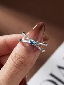 1枚S925纯银X形锆石戒指，精致女士首饰，生日/派对礼物 - 藍鋯 - 查看 6