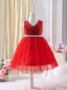 Girls Sequin Mesh Dress With Pearl Belt, Elegant Princess Party Dress For Little Girls - Red - View 1