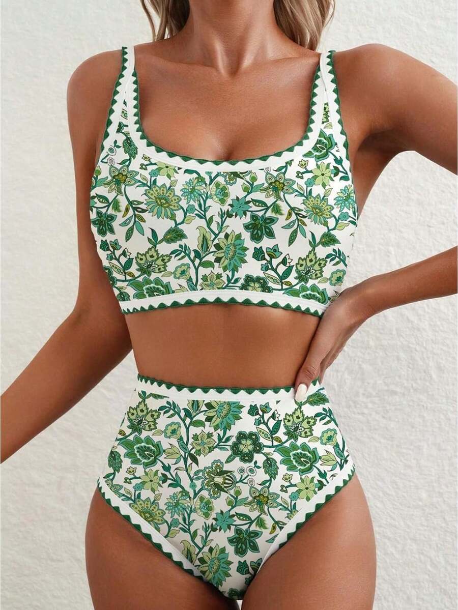 Women 2-Piece Bikini Swimsuits Floral Print U-Neck Bra And High Waist Briefs Sets For Summer Beachwear Bathing Suit - màu xanh lá - Xem 1