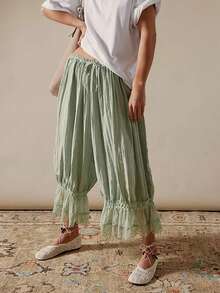 Women Lace Trim Long Bloomers Y2k Elastic Mid Rise Ruffle Victorian Pantaloons Cropped Flared Slips Pants Pumpkin Pants - 綠松石色 - 查看 2