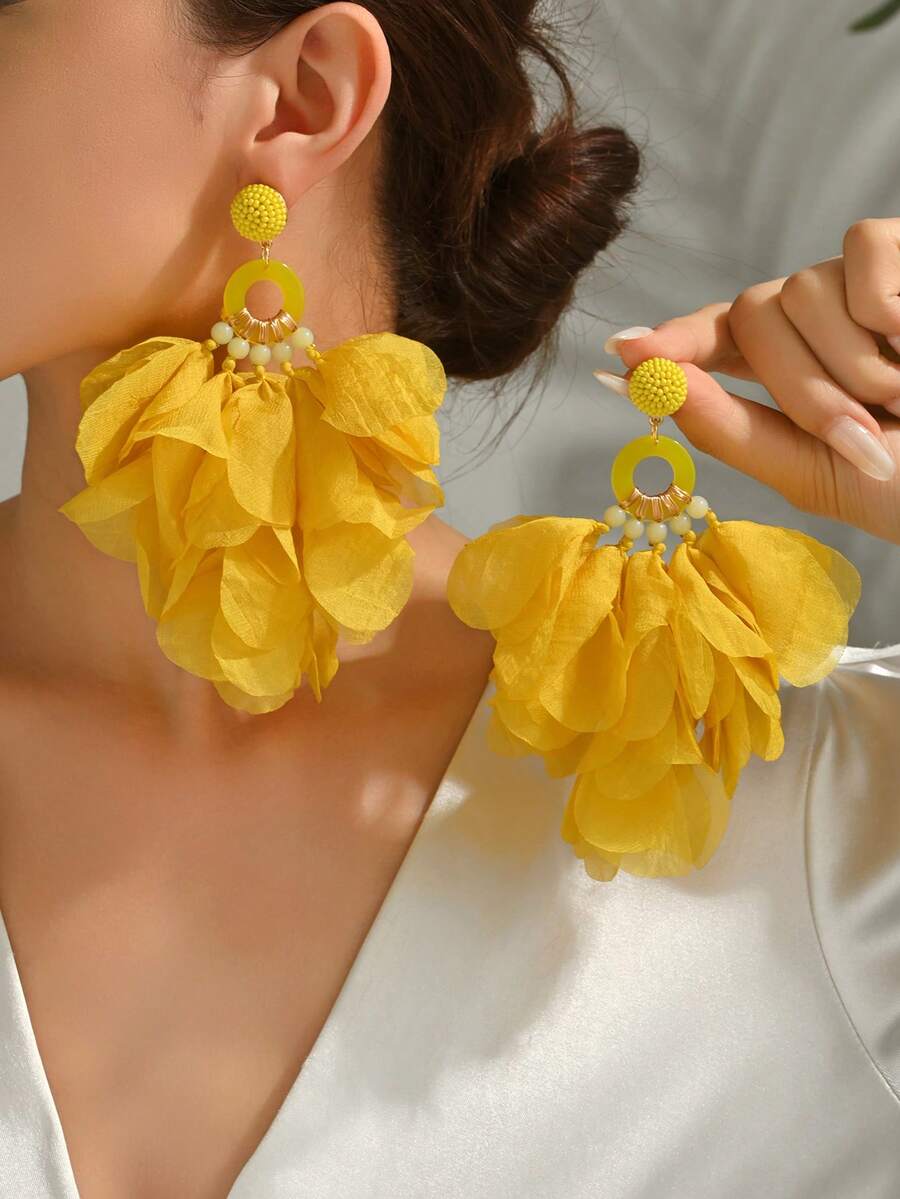 1 Pair Handmade Yellow Chiffon Fabric Flower Tassel Earrings For Women Party Prom Tropical Beach Vacation Bohemian Jewelry - Yellow - View 1